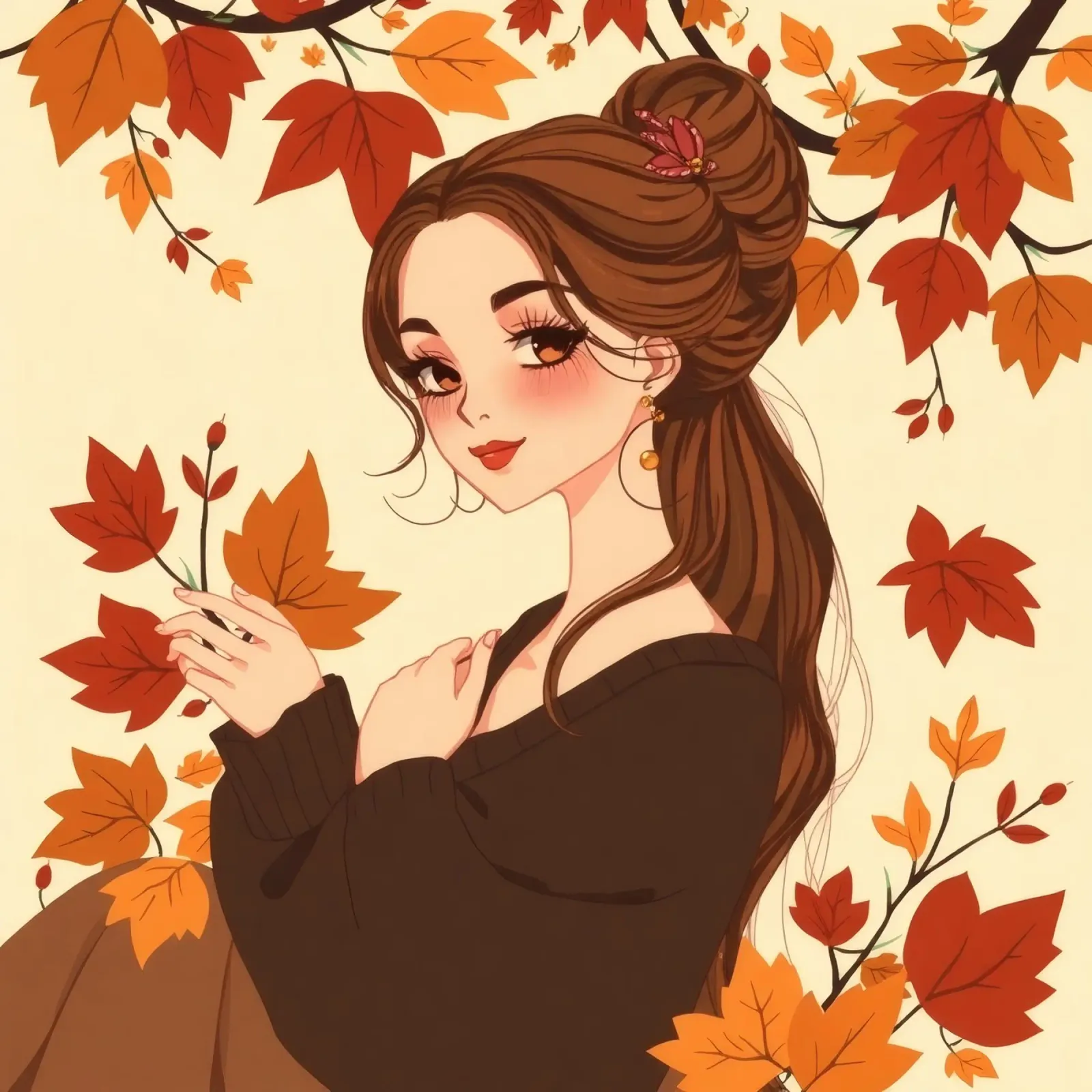 donna con foglie d'autunno in un'illustrazione dai toni caldi pellicola backlit da DesignDoodle