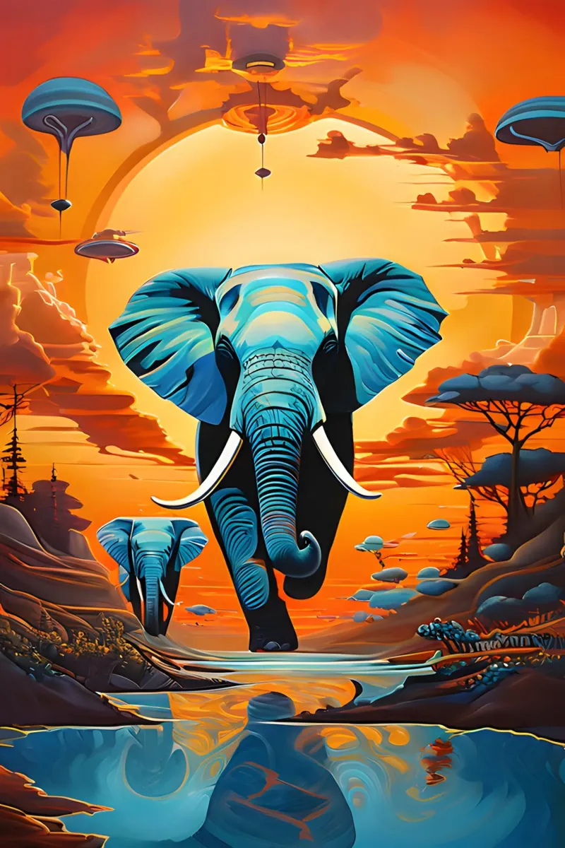 surreal abstract-art-flying-elephants pellicola backlit da kosinsart.gallery