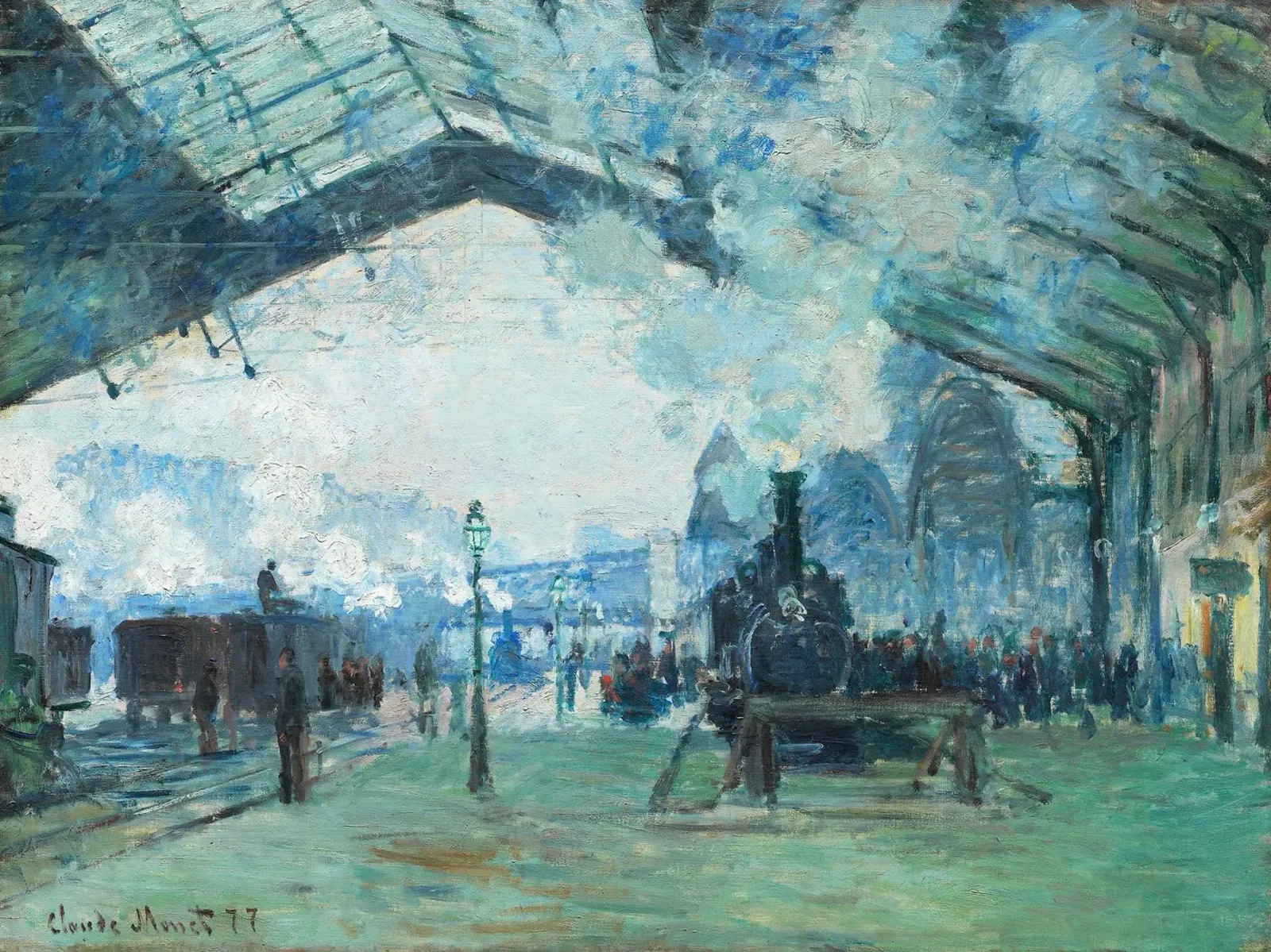 L'arrivo del treno per la Normandia di Claude Monet, Gare Saint-Laz poster con telaio in plastica da Monet Art Prints