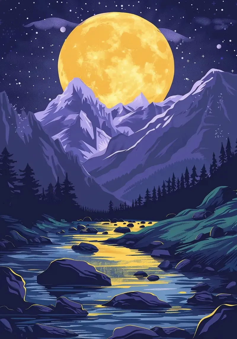 full moon night sky stars mountain range river rocks hahnemühle by Kirsten C Nolan