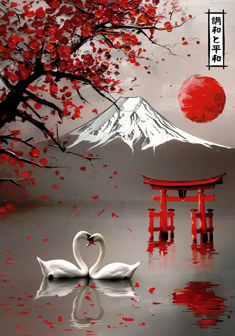 cigni montagna rosso foglie albero riflessione acqua poster con telaio in legno da Kirsten C Nolan