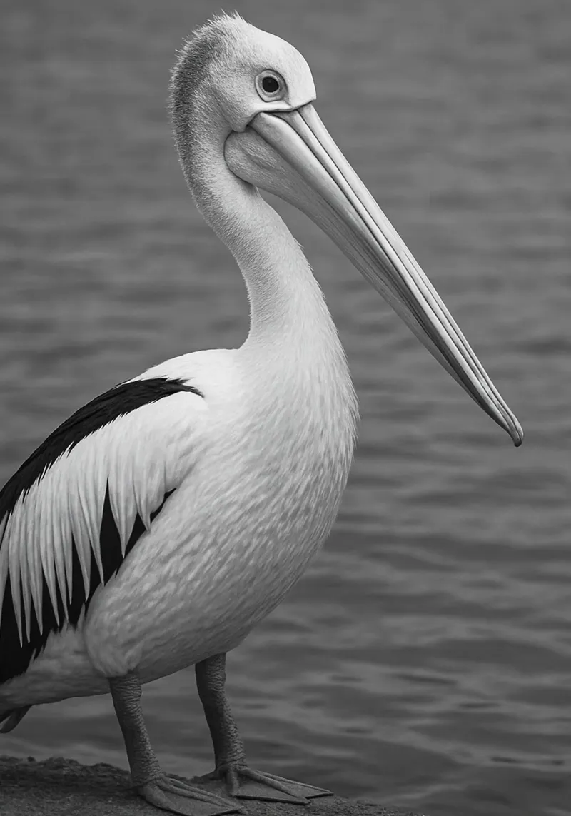 uccello pellicano fotografia in bianco e nero poster con telaio in plastica da the gunduls