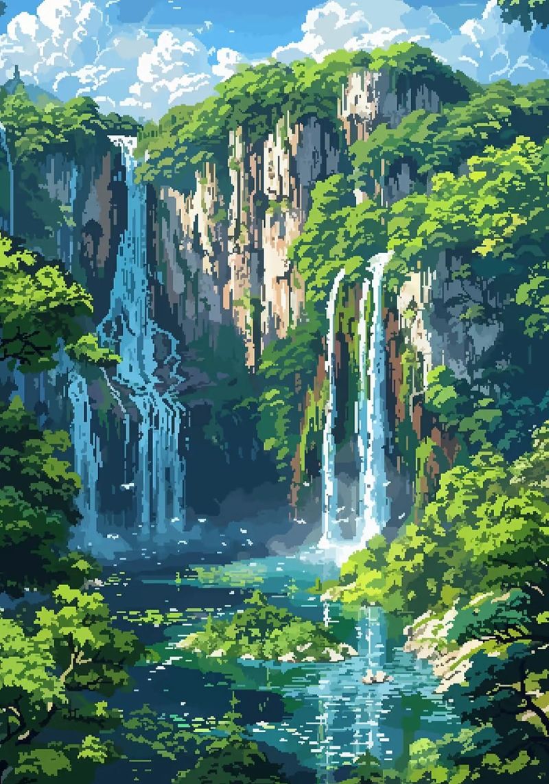 Wasserfall Klippe üppige Vegetation Bäume Poster von Hien T Huynh