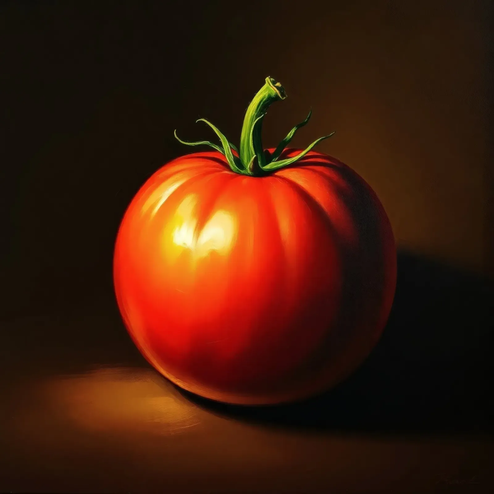 red tomato resting on a dark surface with soft lighting hahnemühle by DesignDoodle