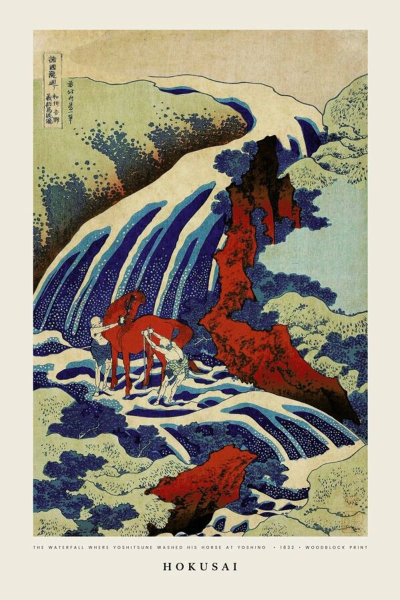 Hokusai - The Waterfall Where Yoshitsune Washed His Horse at Yoshino poster de Vintage by JUNIQE