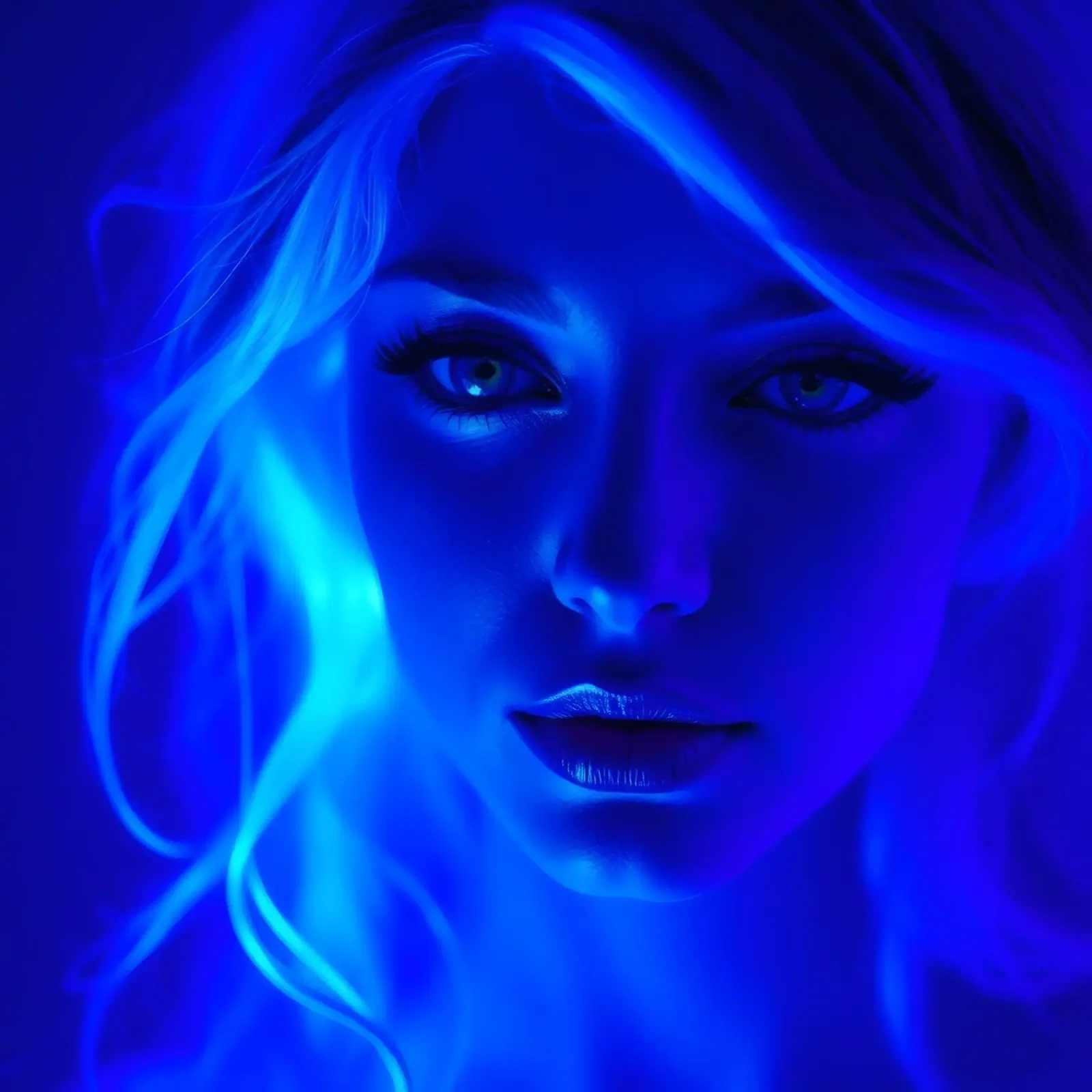 femme avec un éclairage bleu lumineux mettant en valeur la beauté du visage poster avec cadre en aluminium de DesignDoodle