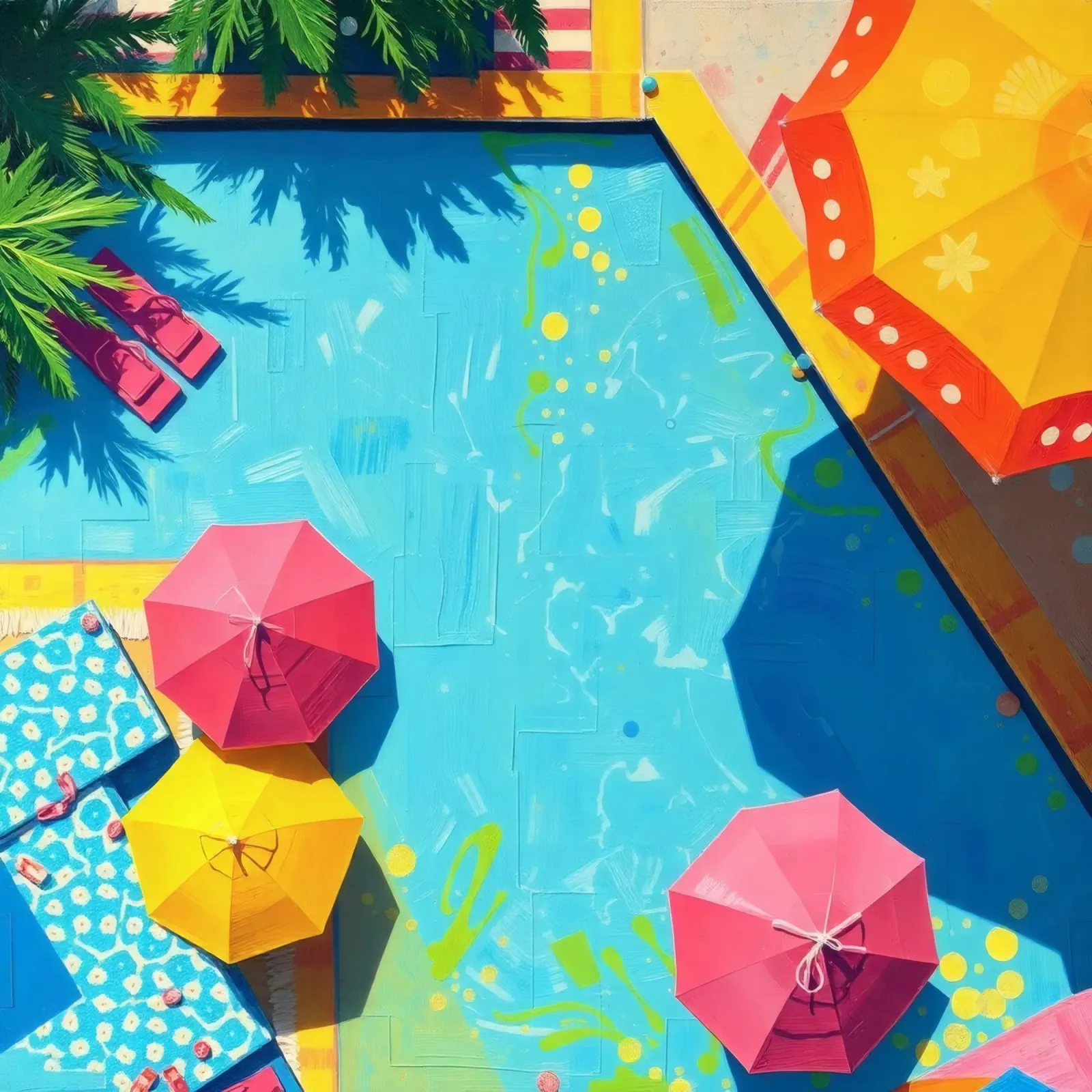 rifugio a bordo piscina con ombrelloni e lettini sotto il sole poster con telaio in alluminio da DesignDoodle