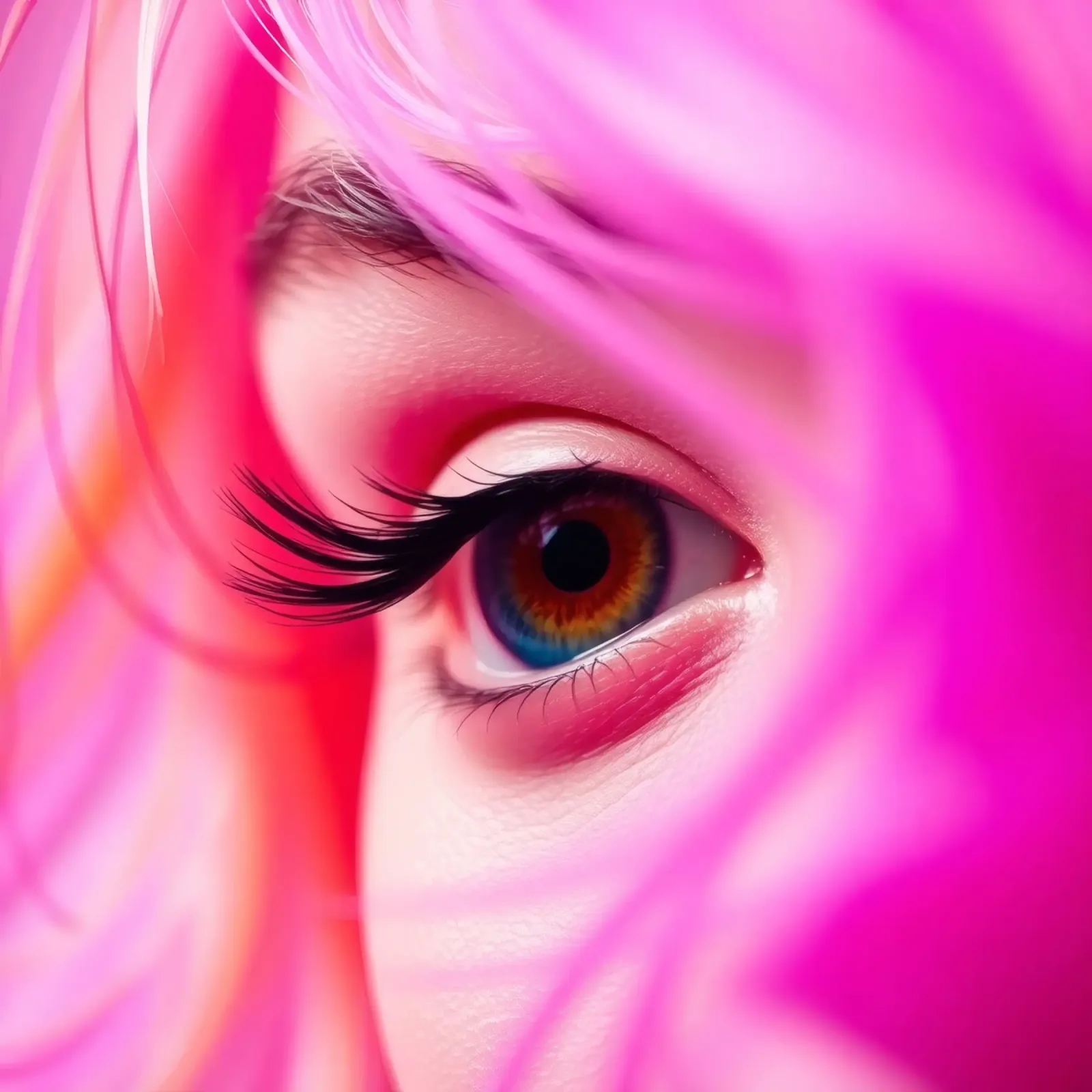 primer plano de un ojo con maquillaje colorido y pelo rosa metacrilato de DesignDoodle