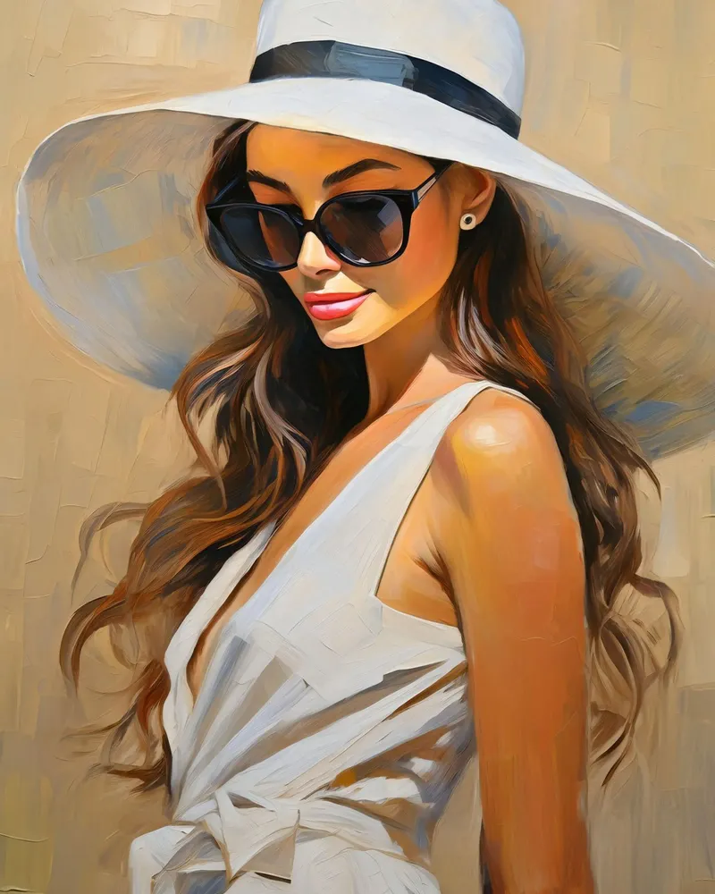 Portrait Frau in weißem Sommerkleid und Hut Hahnemühle von Take Your Art BV