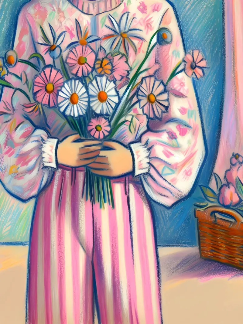 DONNA CALMA CON FIORI IN MANO RITRATTO poster con telaio in legno da ARTOMATIC