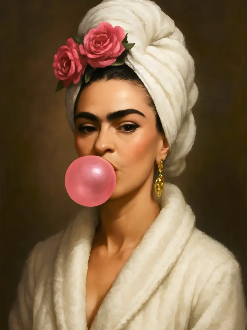 Frida Kahlo, gomma da masticare in accappatoio, ritratto poster con telaio in legno da ARTOMATIC
