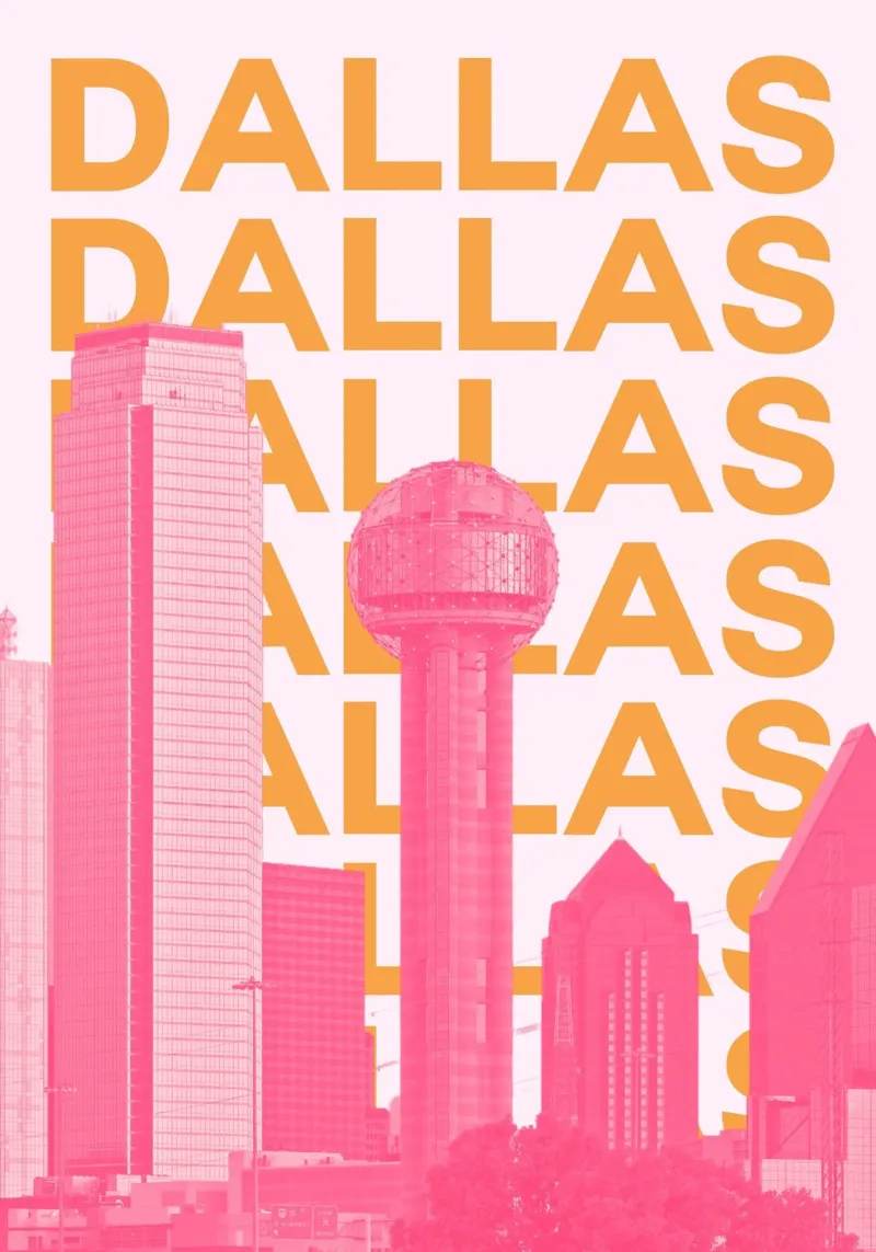 Dallas Texas, città retrò con skyline da viaggio Stampa pop art poster con telaio in plastica da NorwesClub