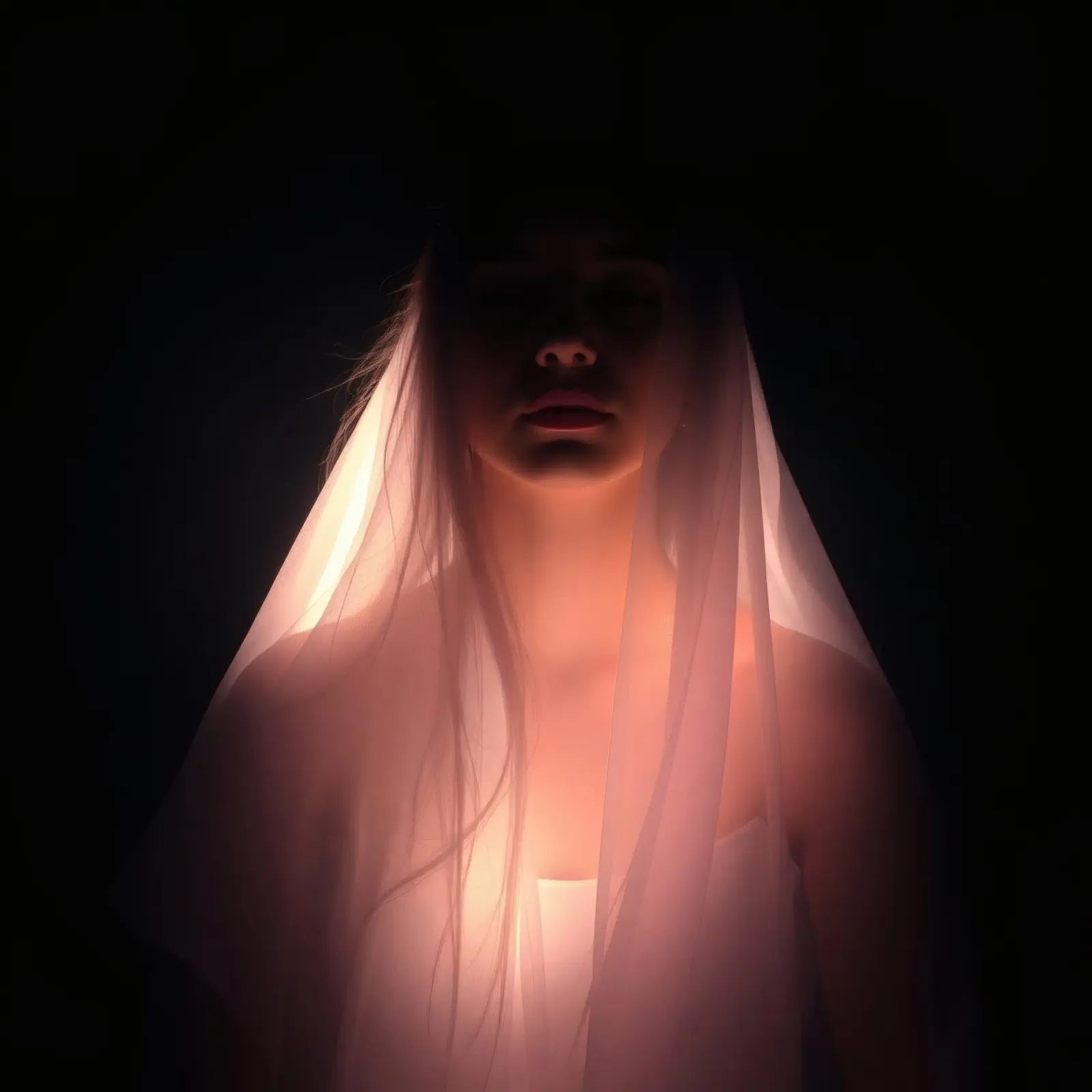 figure with a veil illuminated from below in a dark space canvas by DesignDoodle