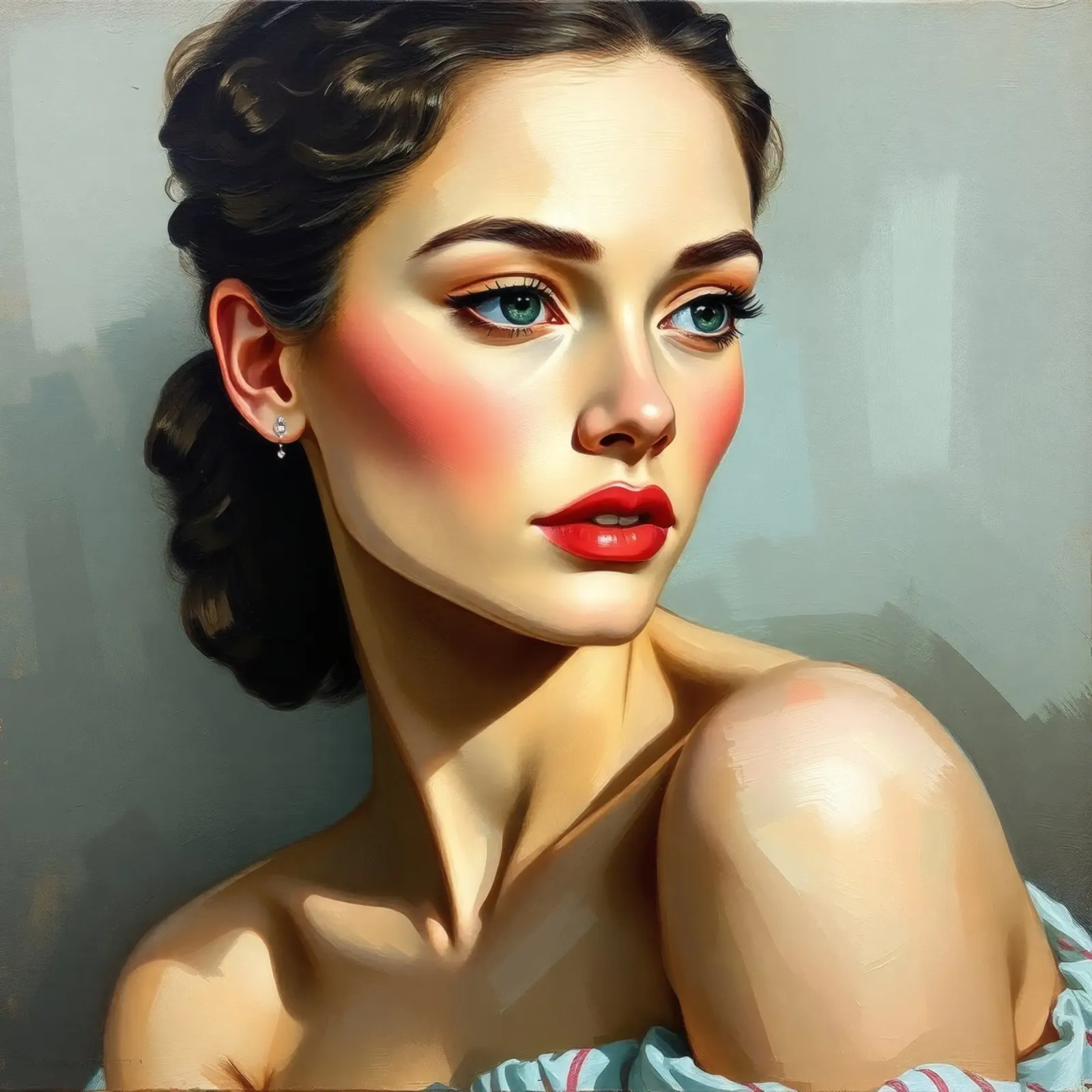 femme aux yeux bleus perçants et aux traits doux dans une tenue neutre. hahnemühle de DesignDoodle