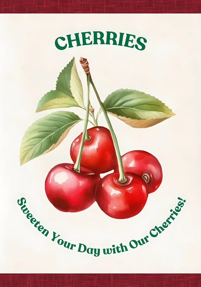 ciliegie frutta foglie steli colore rosso foglie verdi poster con telaio in legno da Janine P McGuire