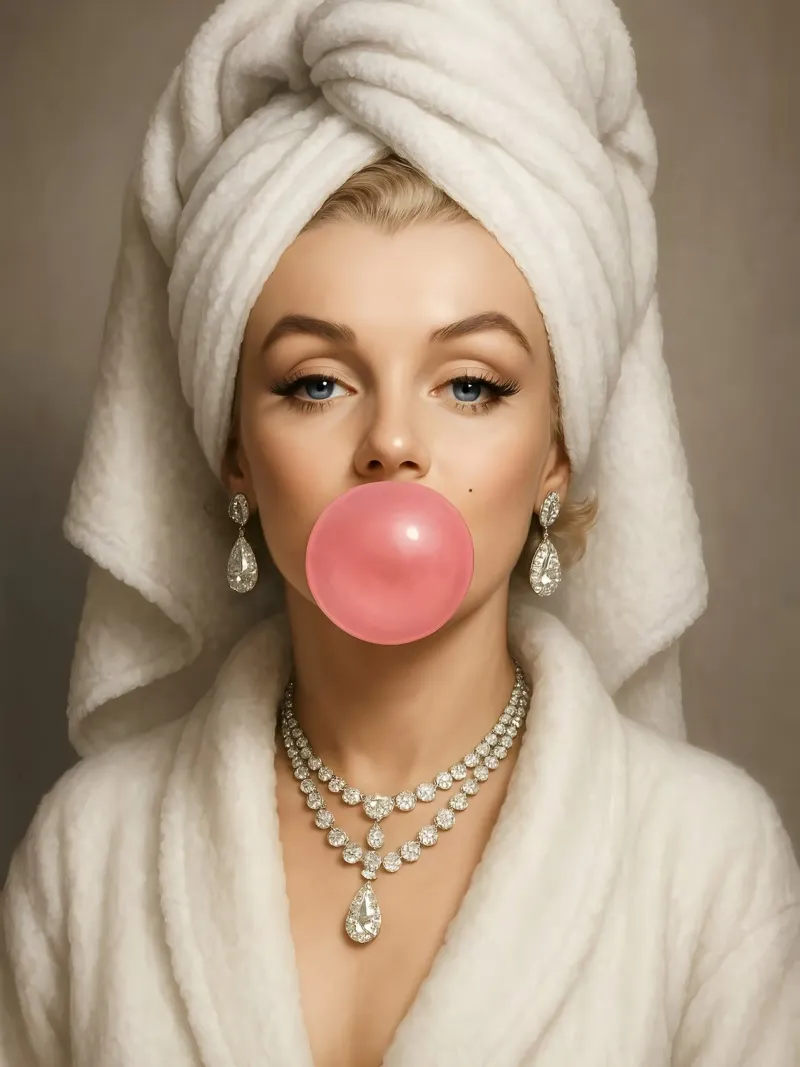 Marilyn Monroe in accappatoio Bubble Gum poster con telaio in alluminio da ARTOMATIC