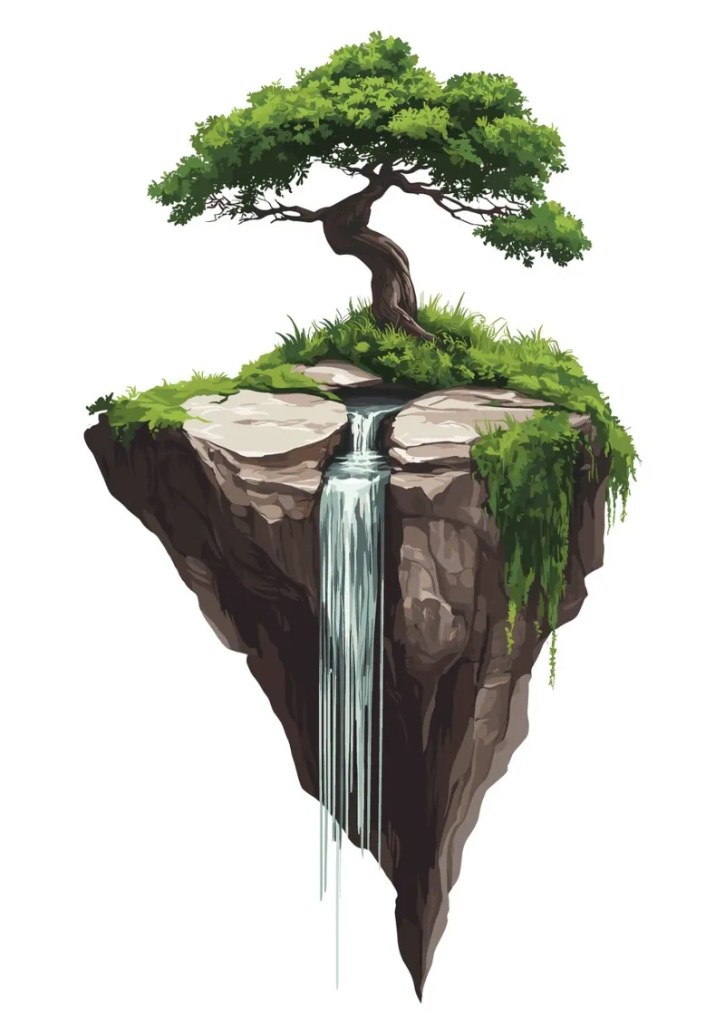 Bonsai with waterfall on a floating rock canvas with Floater frame by pixelbull - medieval art and more