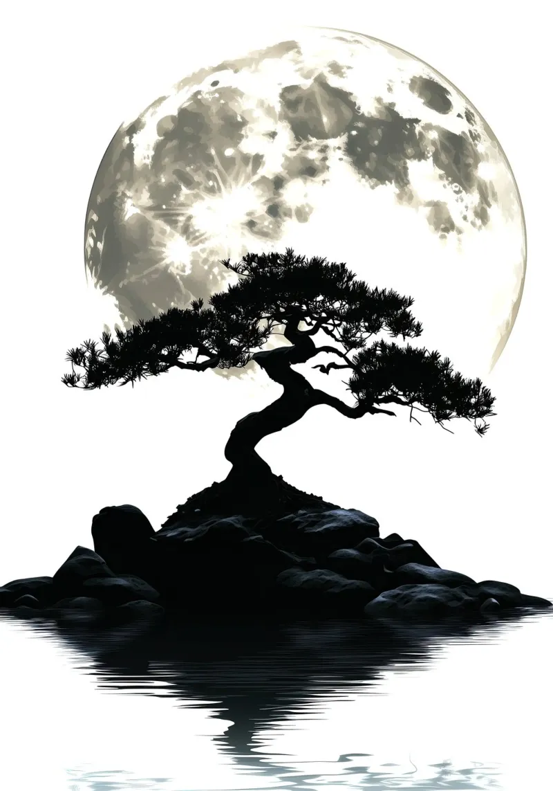 Bonsai di fronte alla luna piena e all'acqua plexiglass da pixelbull - medieval art and more