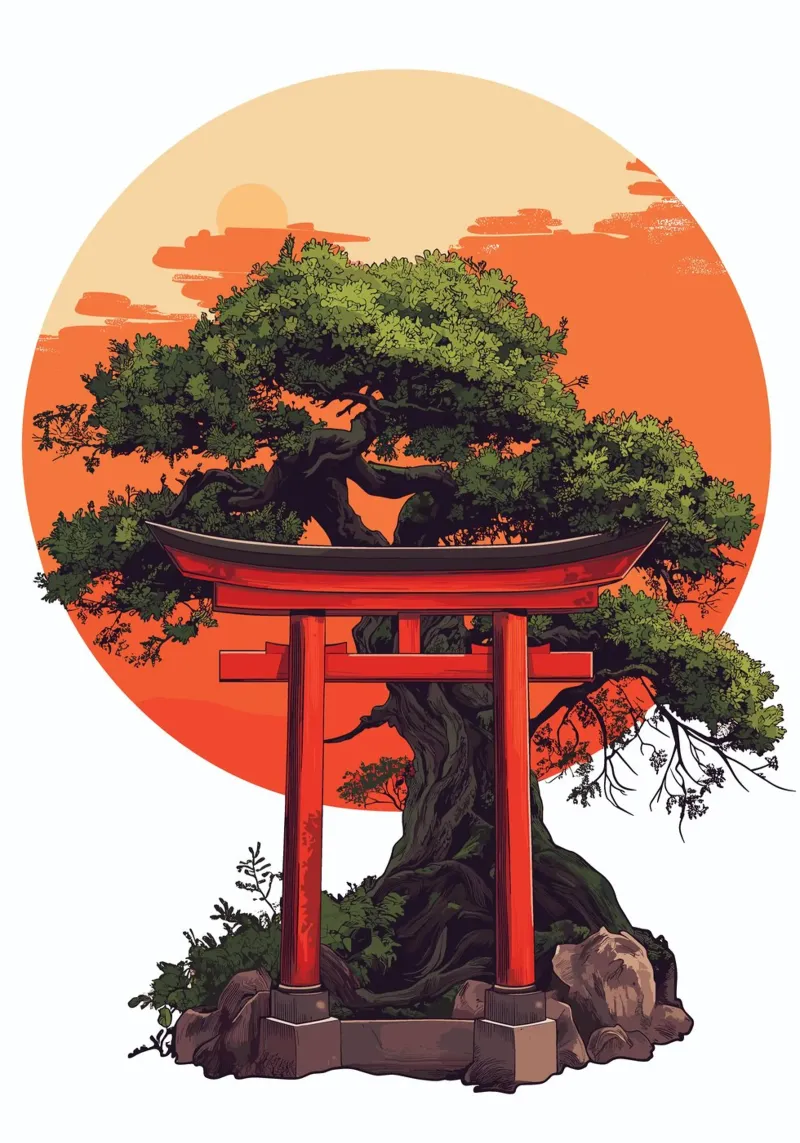 Bonsaï avec torii rouge devant le coucher du soleil film rétro-éclairé de pixelbull - medieval art and more