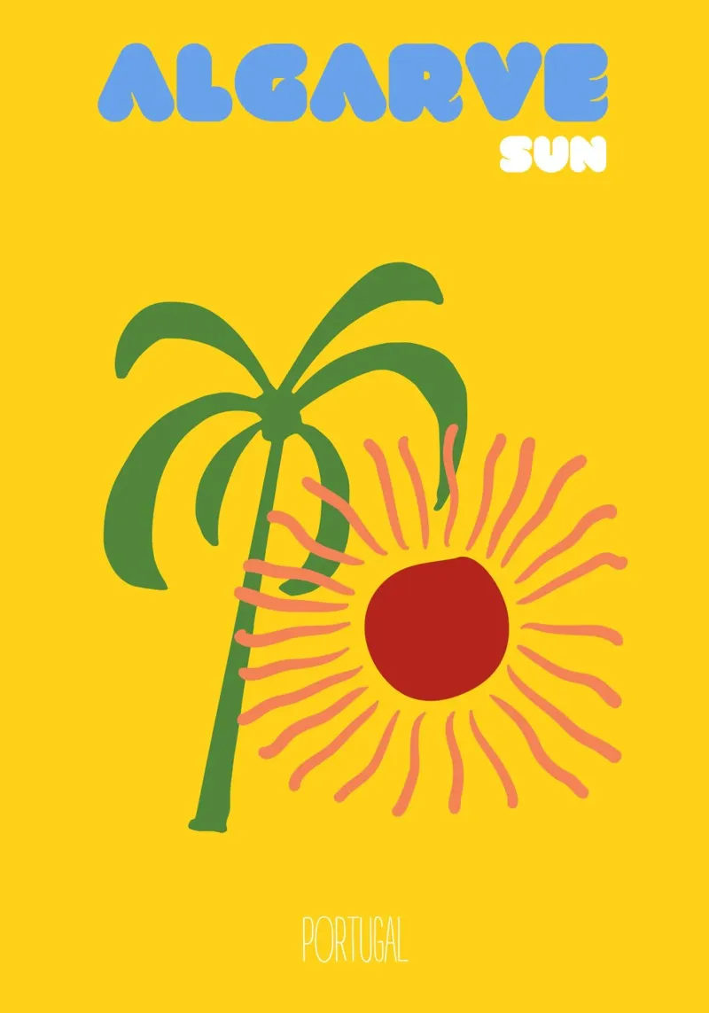 Algarve Portugal Travel Print | Sunny Palm Tree Retro Summer canvas with Floater frame by NorwesClub