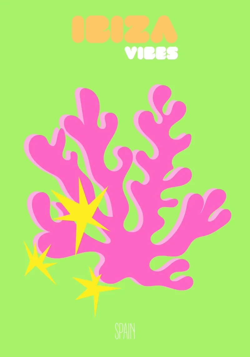 Ibiza Glow: Corallo astratto e vibrazioni di Starburst - Arte pop al neon poster da NorwesClub