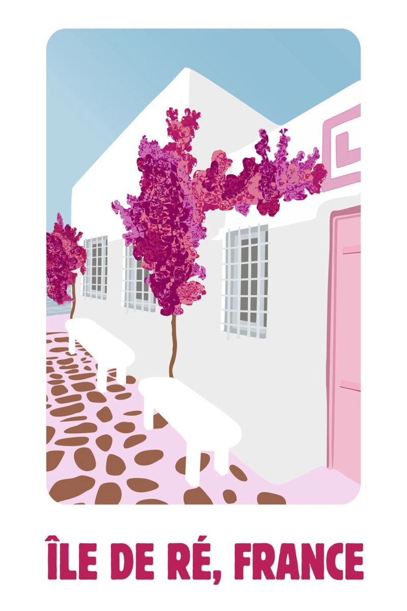 Île de Ré Travel Poster - Pink Bougainvillea & White Houses Leinwand von NorwesClub