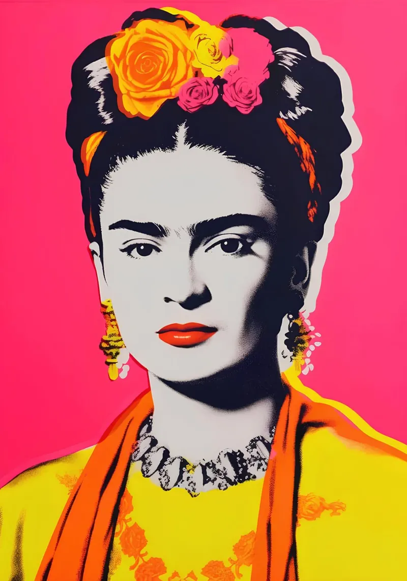 Frida Kahlo Pop Art - Ritratto iconico, rosa caldo e giallo con poster con telaio in alluminio da NorwesClub