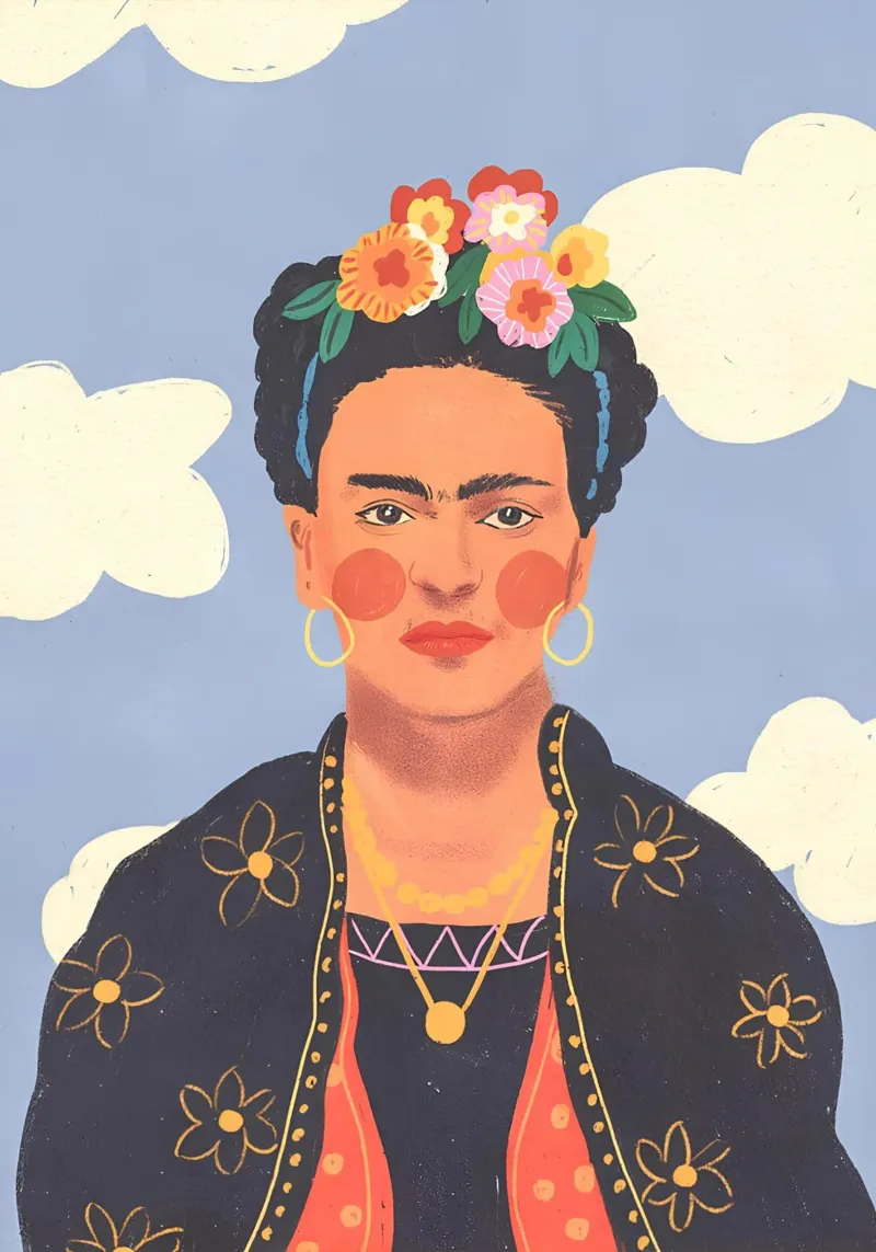 Frida Kahlo Whimsical Portrait - Volkskunst inspiriert, verträumt C Leinwand mit Schattenfugenrahmen von NorwesClub