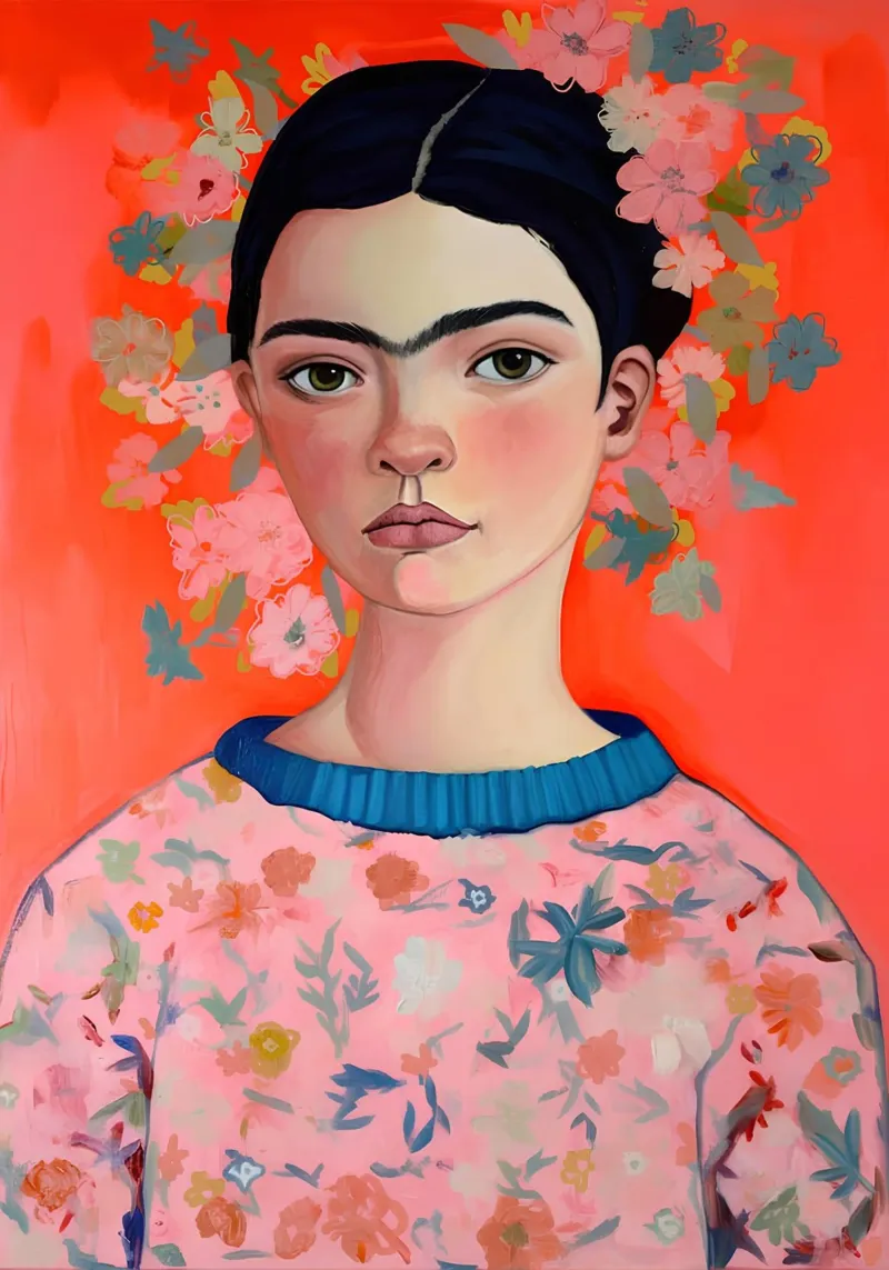 Ritratto contemporaneo di Frida Kahlo - Fiori vivaci e colori caldi carta hahnemühle da NorwesClub