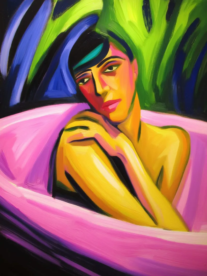 Donna nuda in una vasca da bagno rosa | Neoespressionismo poster con telaio in legno da Autofocus