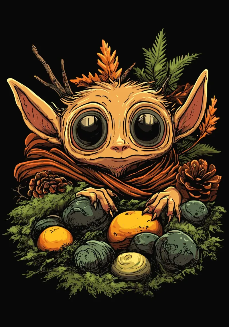 Goblin in a moss nest with big eyes canvas by pixelbull - medieval art and more