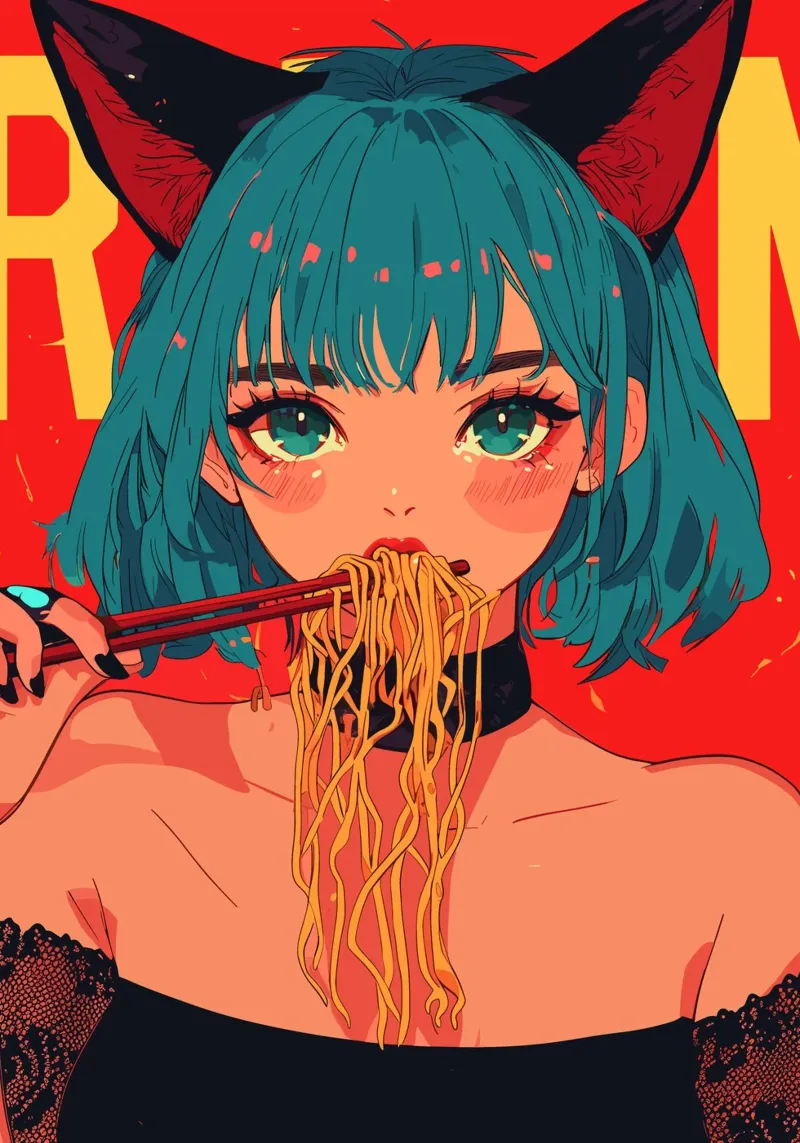 Une fille de l'anime aux oreilles de chat mange des ramens film rétro-éclairé de pixelbull - medieval art and more