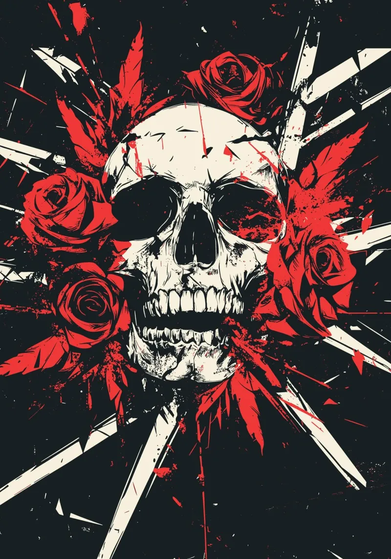 Calavera con rosas y plumas rojas poster de pixelbull - medieval art and more