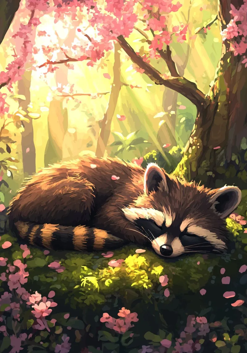 Il procione dorme sotto i fiori di ciliegio alluminio dibond da pixelbull - medieval art and more