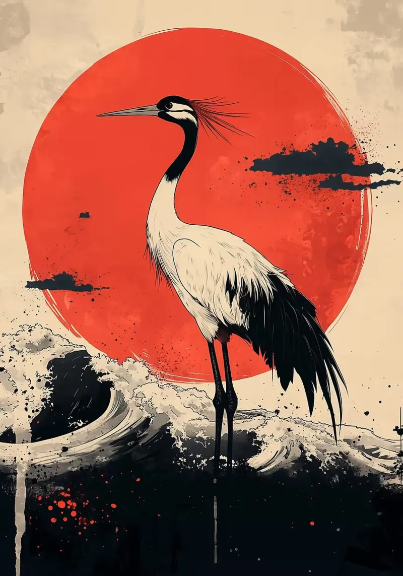 crane large red sun ocean waves splashing water clouds canvas by Kirsten C Nolan