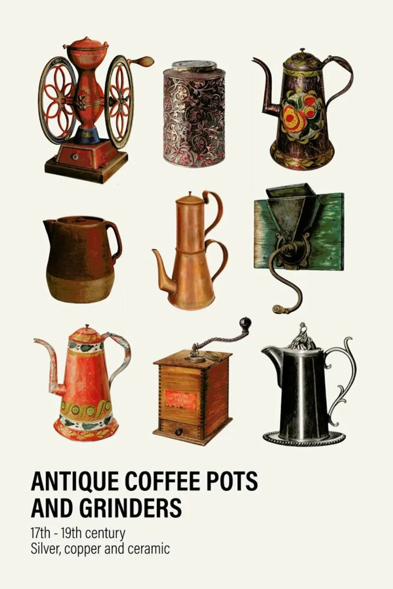 Antique Coffee Pots and Grinders tela con Cornice a cassetta da Vintage by JUNIQE