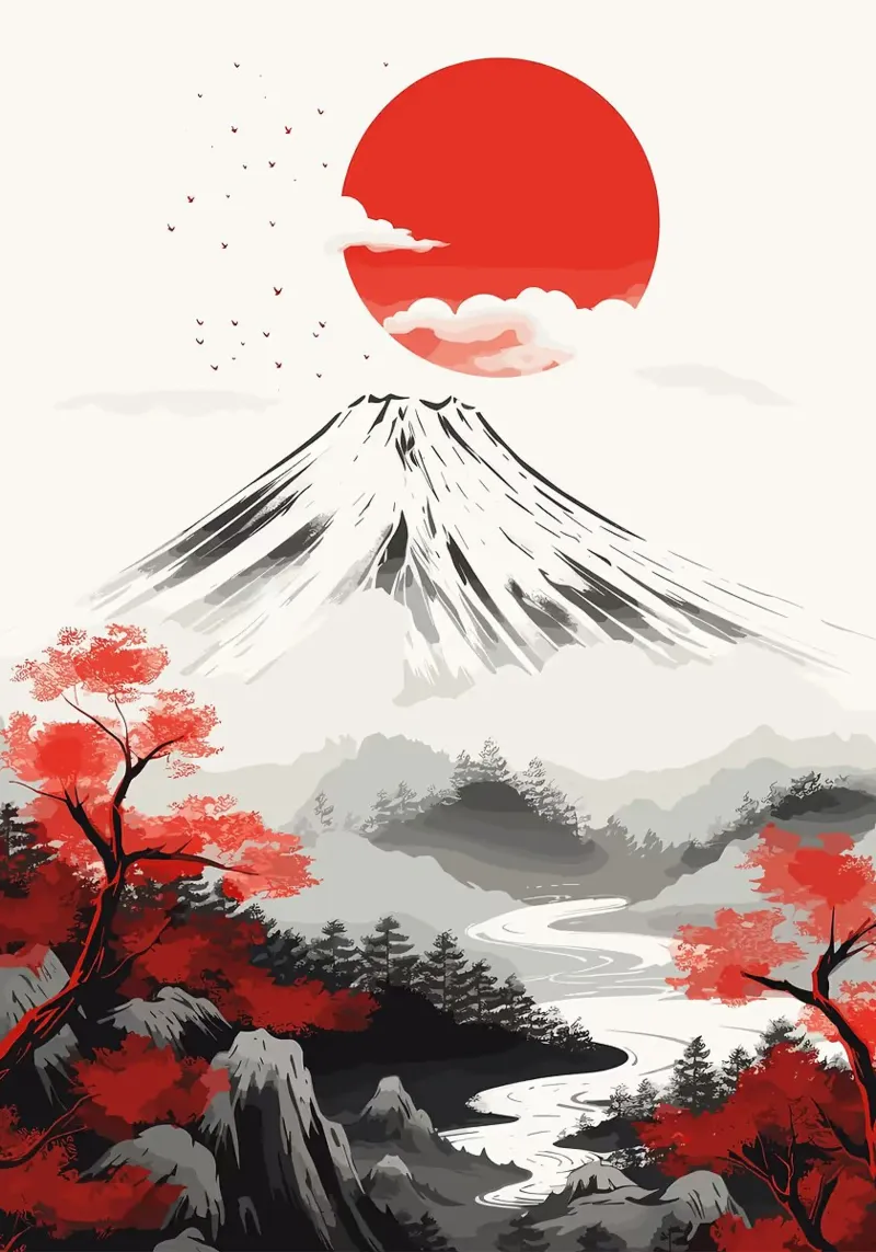 montagna sole uccelli alberi nuvole poster con telaio in alluminio da James Isaac Jackson