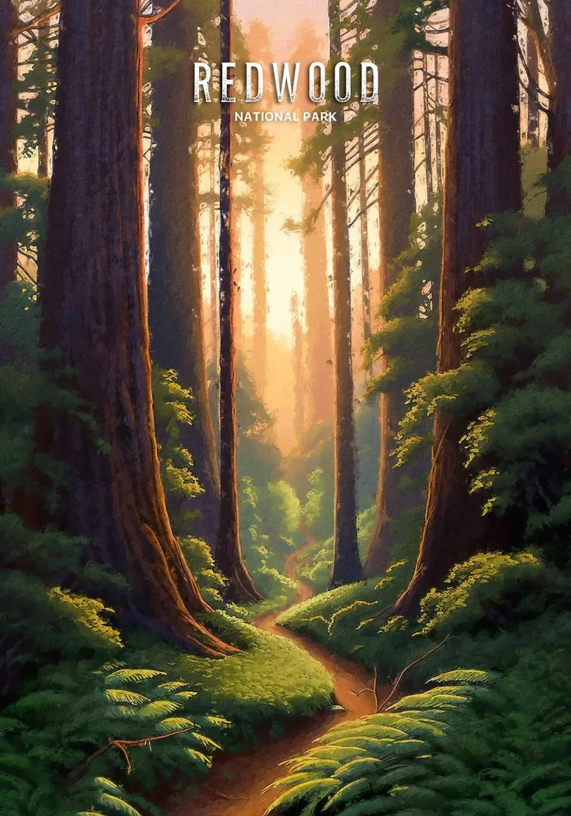 alberi di sequoia foresta sentiero luce solare verde pellicola backlit da James Isaac Jackson