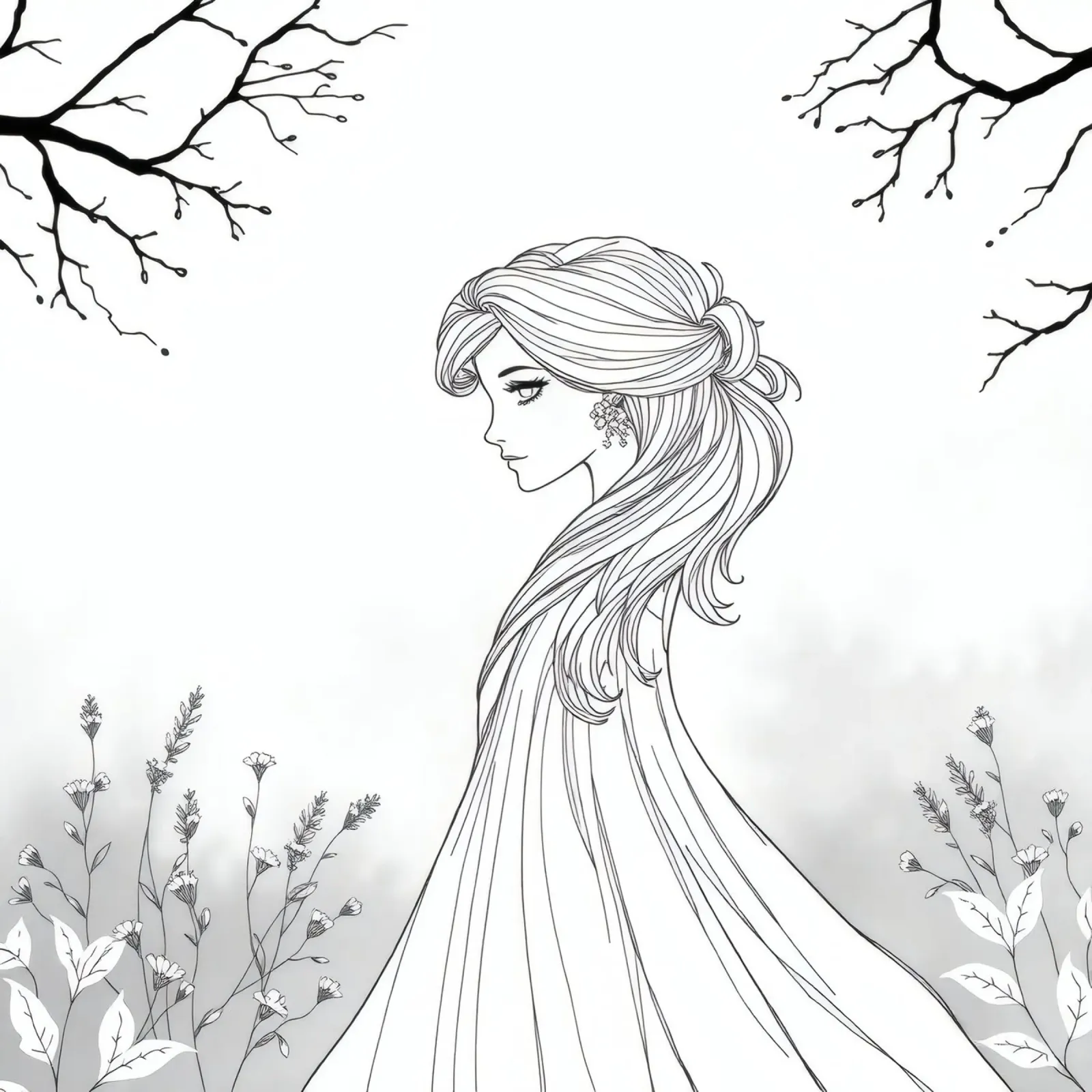 Donna elegante con capelli fluenti in un'opera d'arte in bianco e nero pellicola backlit da DesignDoodle