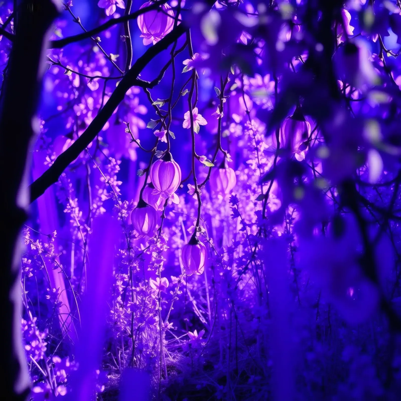 fiori viola e piante luminose in una foresta pellicola backlit da DesignDoodle