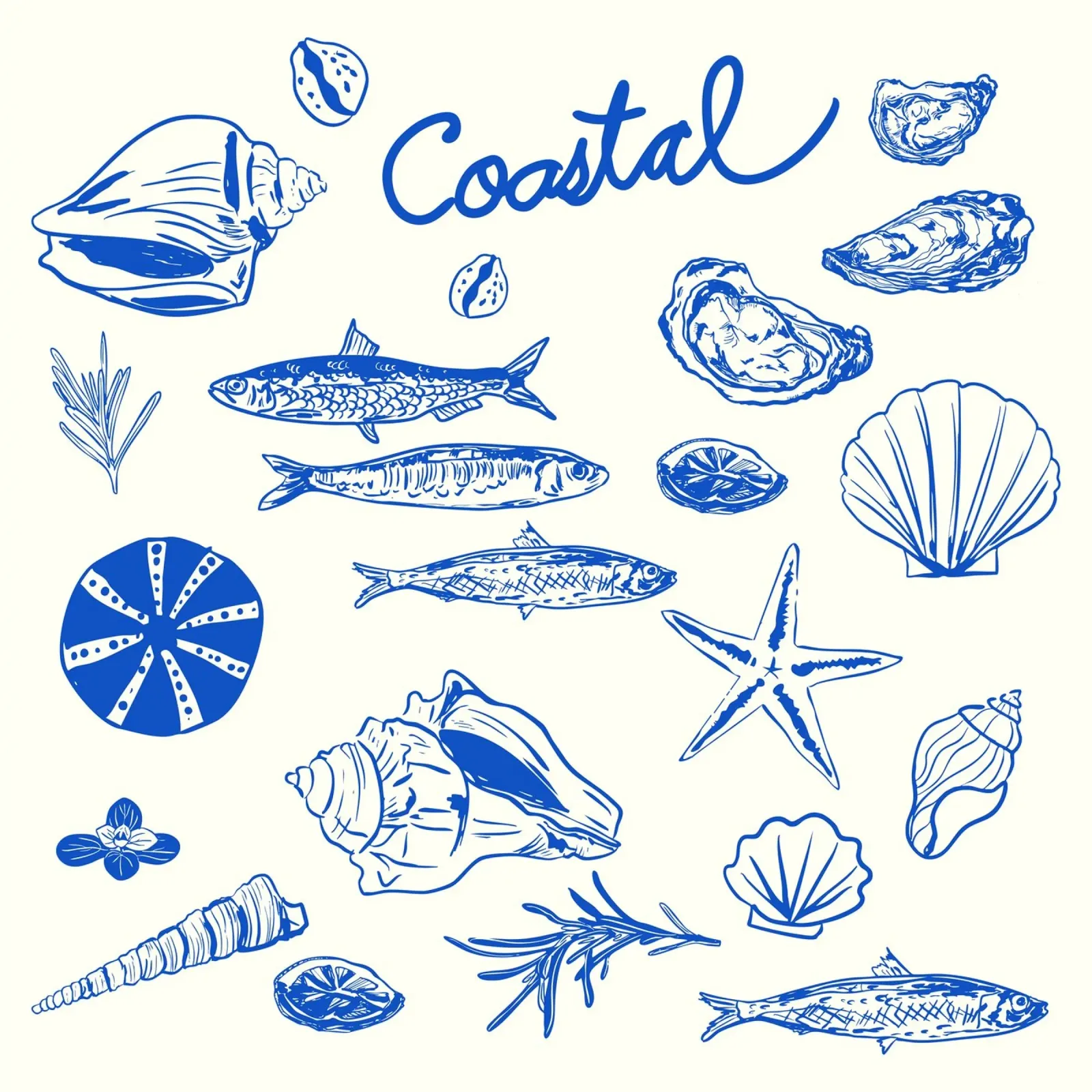 Blue Coastal Escape – Minimalist Seashell & Seafood poster by EDMPROJECT