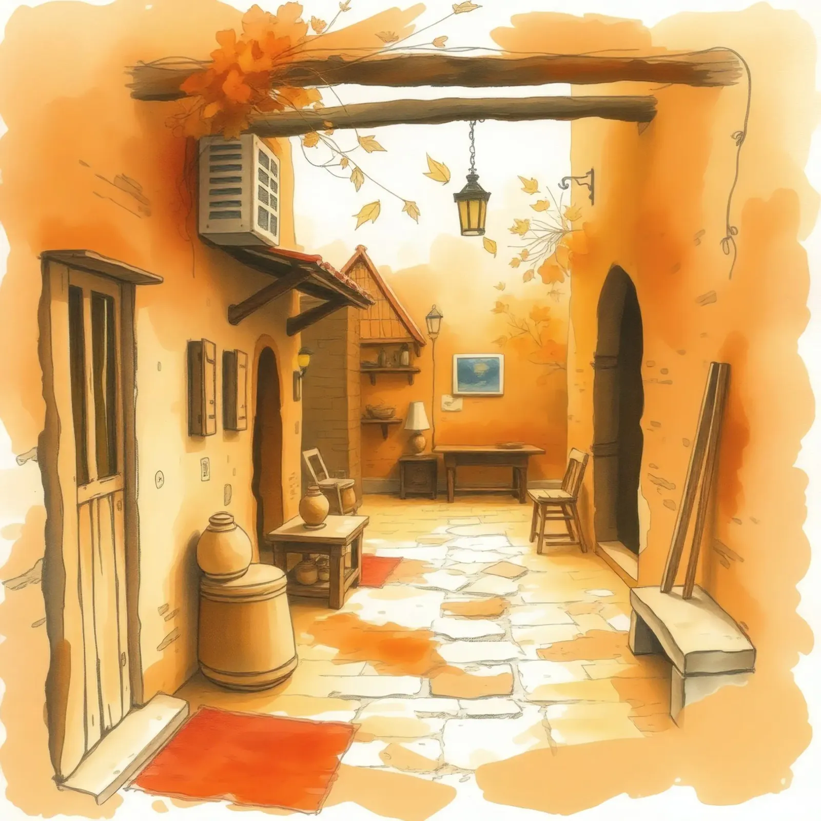 Incantevole vicolo autunnale dai colori caldi e dall'arredamento rustico carta hahnemühle da DesignDoodle