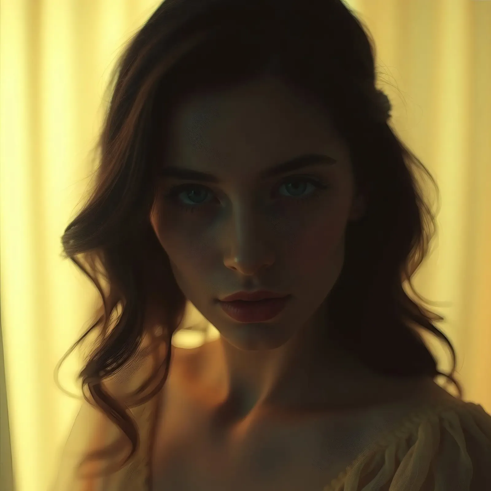 Une jeune femme aux cheveux flottants regarde pensivement sous une douce lumière. hahnemühle de DesignDoodle