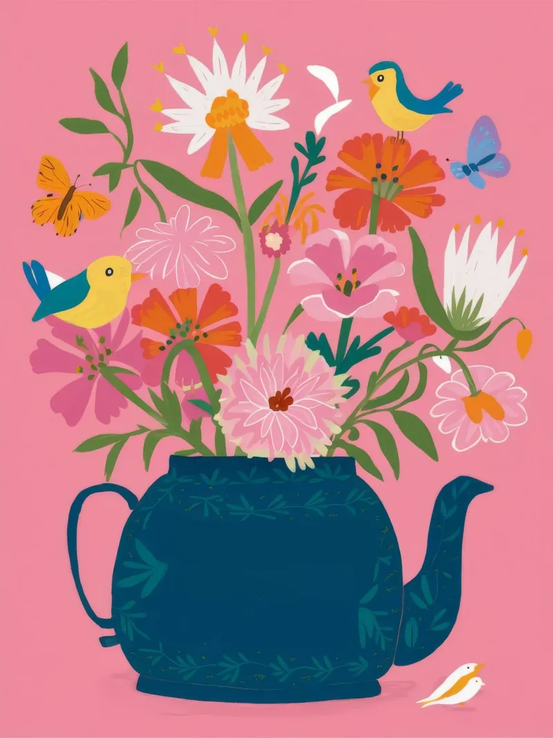 Teiera floreale Harmony poster con telaio in legno da Petal Canvas