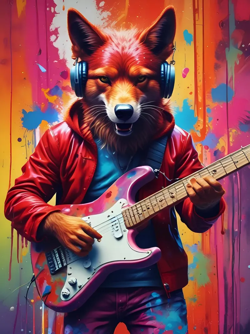 Il lupo rosso brutale suona la chitarra poster con telaio in legno da MakArena