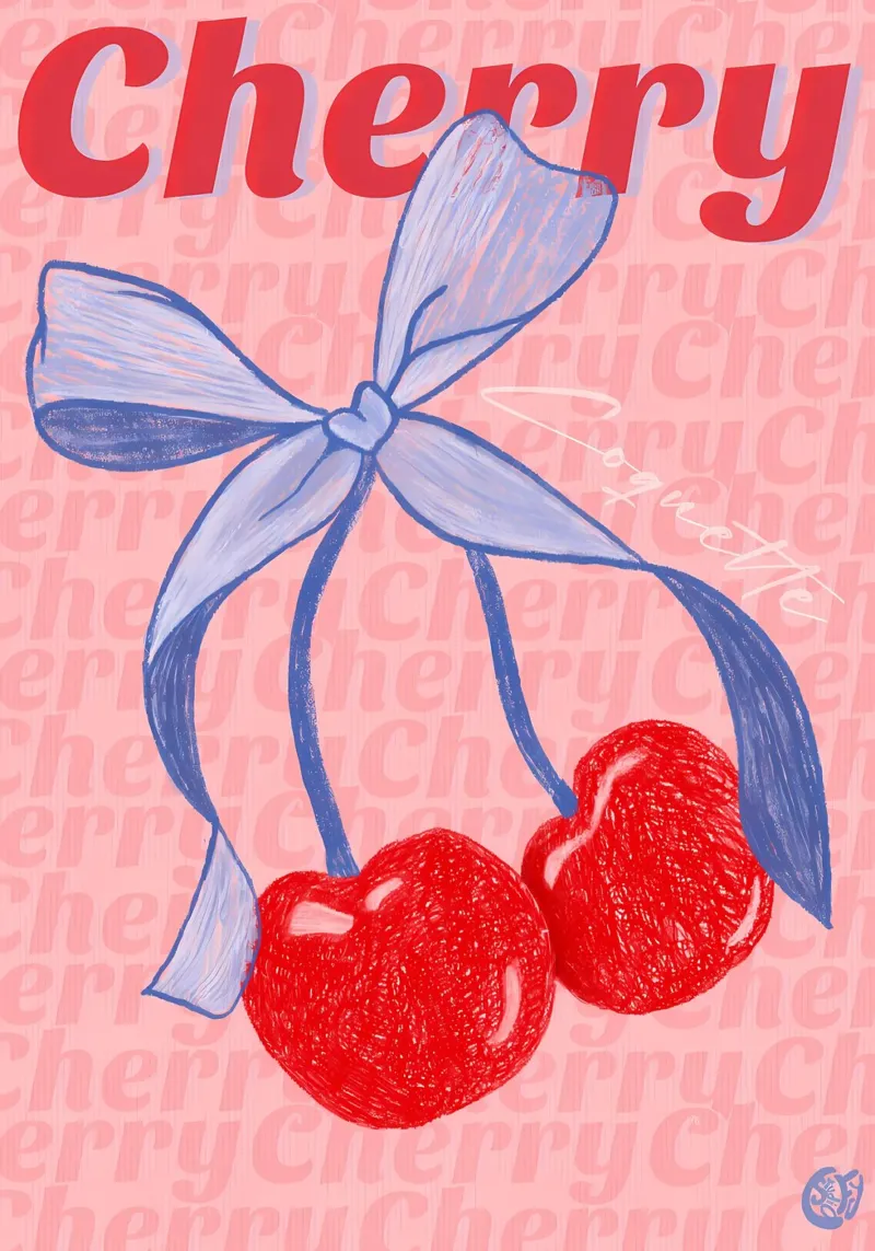 ruban de cerises fruits rouges nœud bleu typographie dessinée à la main poster avec cadre en bois de Janine P McGuire