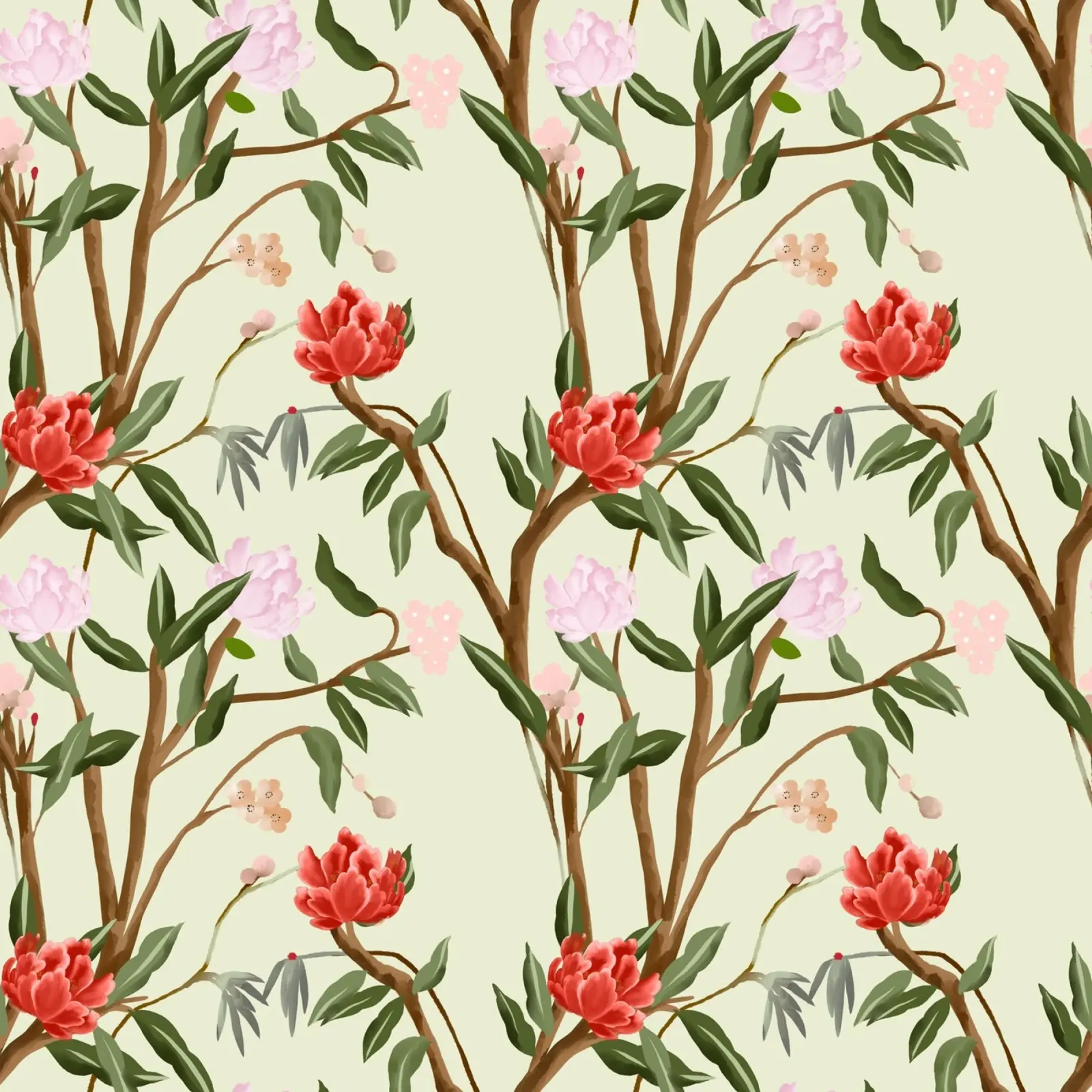 Chinoiserie red flowers trees traditional floral pattern pellicola backlit da mysteriouscoco