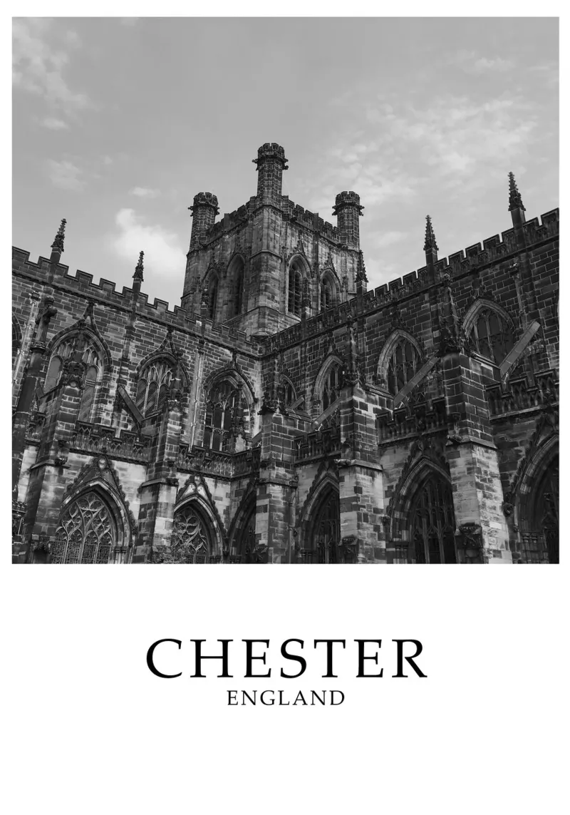 Cattedrale di Chester Inghilterra Architettura Scena in scala di grigi alluminio dibond da Charnwood Prints