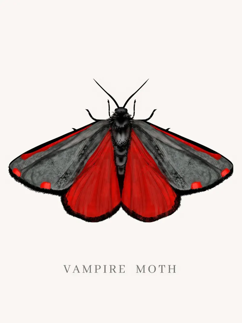 Velvet red butterfly vampire moth vintage illustration hand poster con telaio in legno da mysteriouscoco