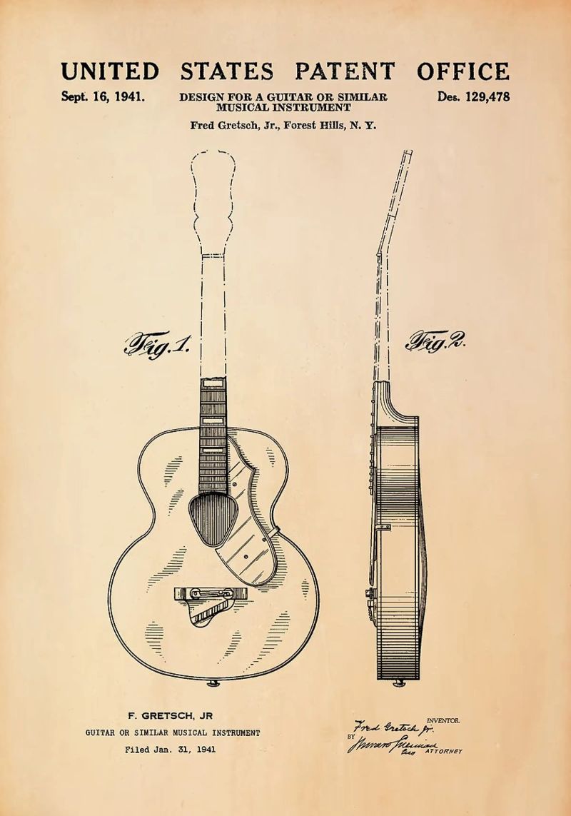 guitar musical instrument patent illustration design poster by Kirsten C Nolan